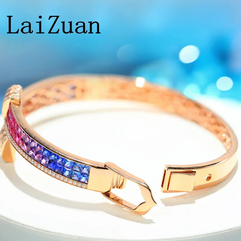 LaiZuan Solid 18K Yellow Gold Unique Rainbow Natural Diamond Bracelet Colorful Gemstones Jewelry Wedding Bride Anniversary Gifts