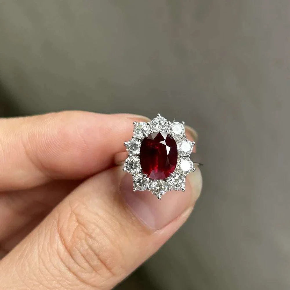 18K white gold ring with 3 carat Mozambique ruby surrounded by diamonds