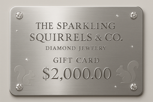 The Sparkling Squirrels & Co. diamond jewelry gift card with $2,000 value on a metallic card design with squirrel engravings and sparkling diamond accents