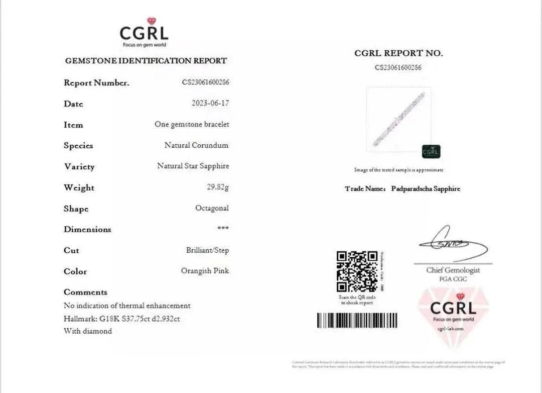 Certification report for The Rosefire Legacy 18K gold bracelet with natural star-shaped orangish pink unheated sapphires.