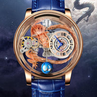 Men's Fashion Tourbillon watch with rose gold case, blue leather strap, and intricate dragon design.