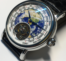 3D globe tourbillon round watch with mechanical movement and leather band