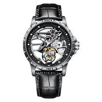 Starforged Carapace mechanical wristwatch with black leather strap and exposed intricate gears