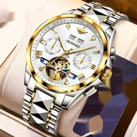 Hollow automatic mechanical waterproof men's watch with gold and silver stainless steel strap and sapphire crystal dial