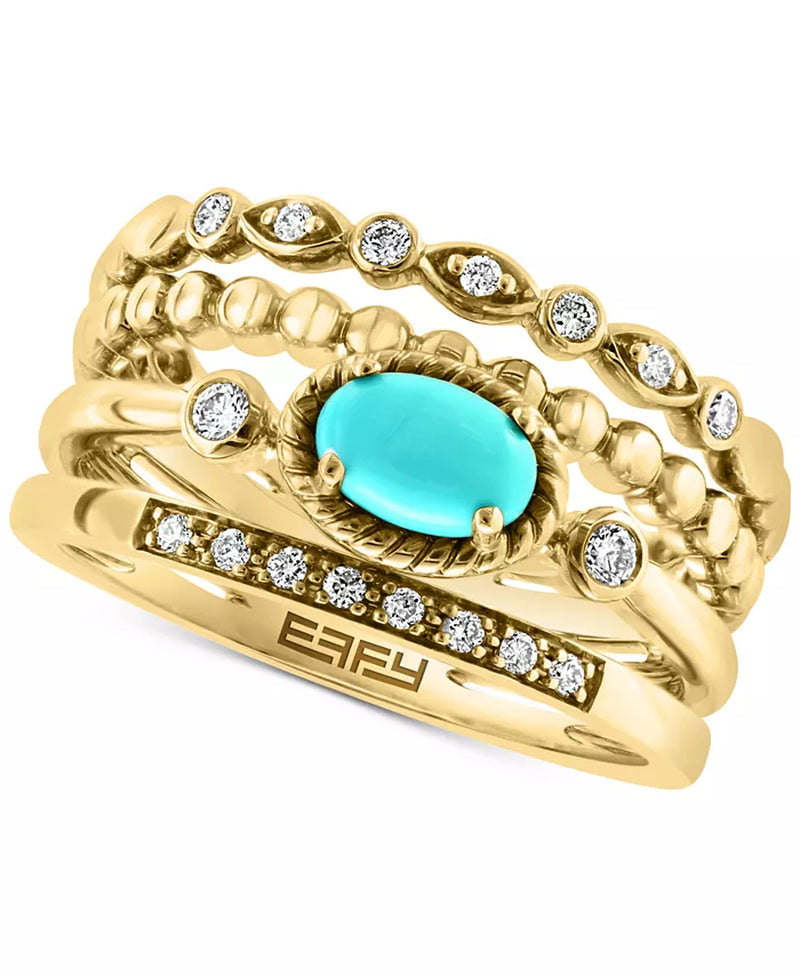 Stunning EFFY® 14K Gold Multirow Turquoise & Diamond Ring (1/6 Ct. T.W.)