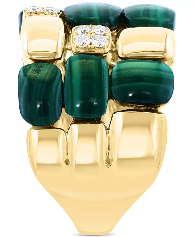 14K gold ring with triple rows of malachite stones and diamond accents, featuring a bold and intricate design