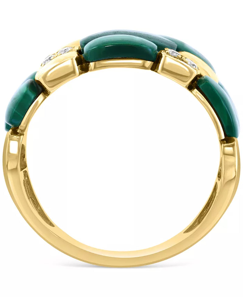 14K gold ring with triple-row malachite stones and diamond accents, Verdant Oracle design