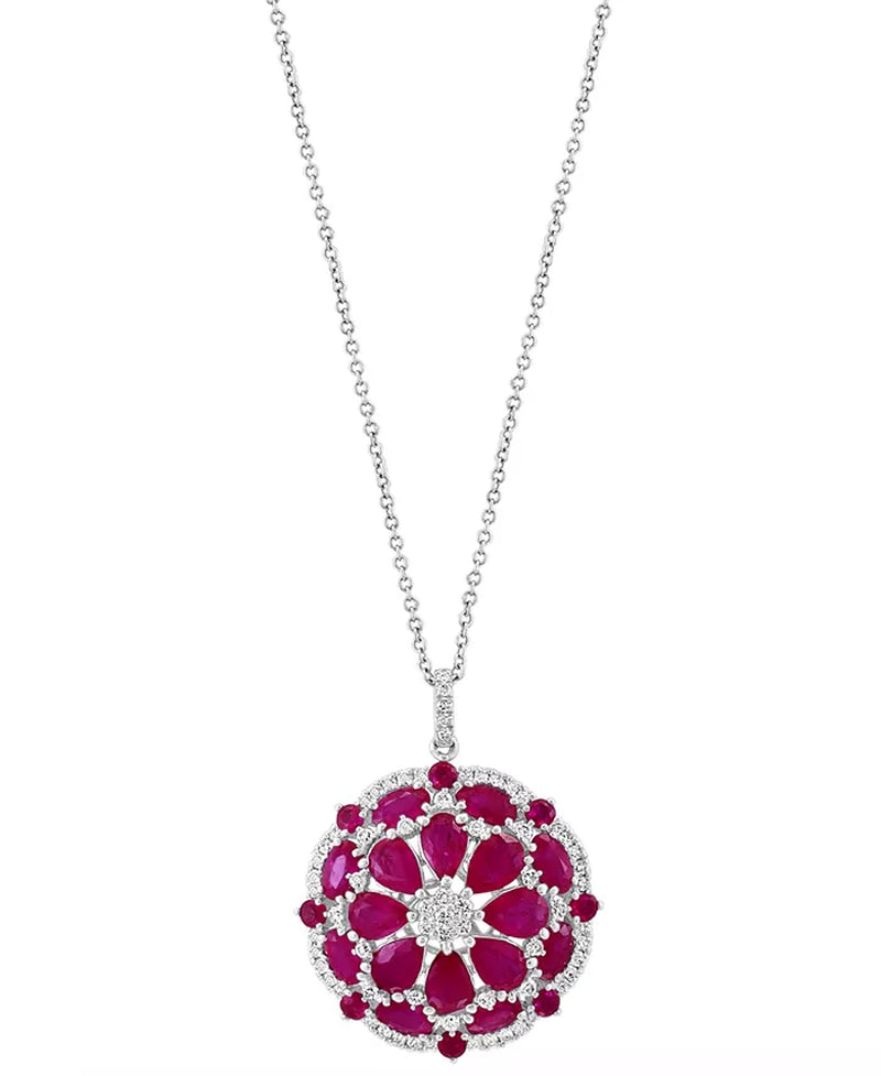 EFFY® flower-inspired pendant necklace with ruby flower cluster and diamond accents in 14K white gold on 18-inch cable chain
