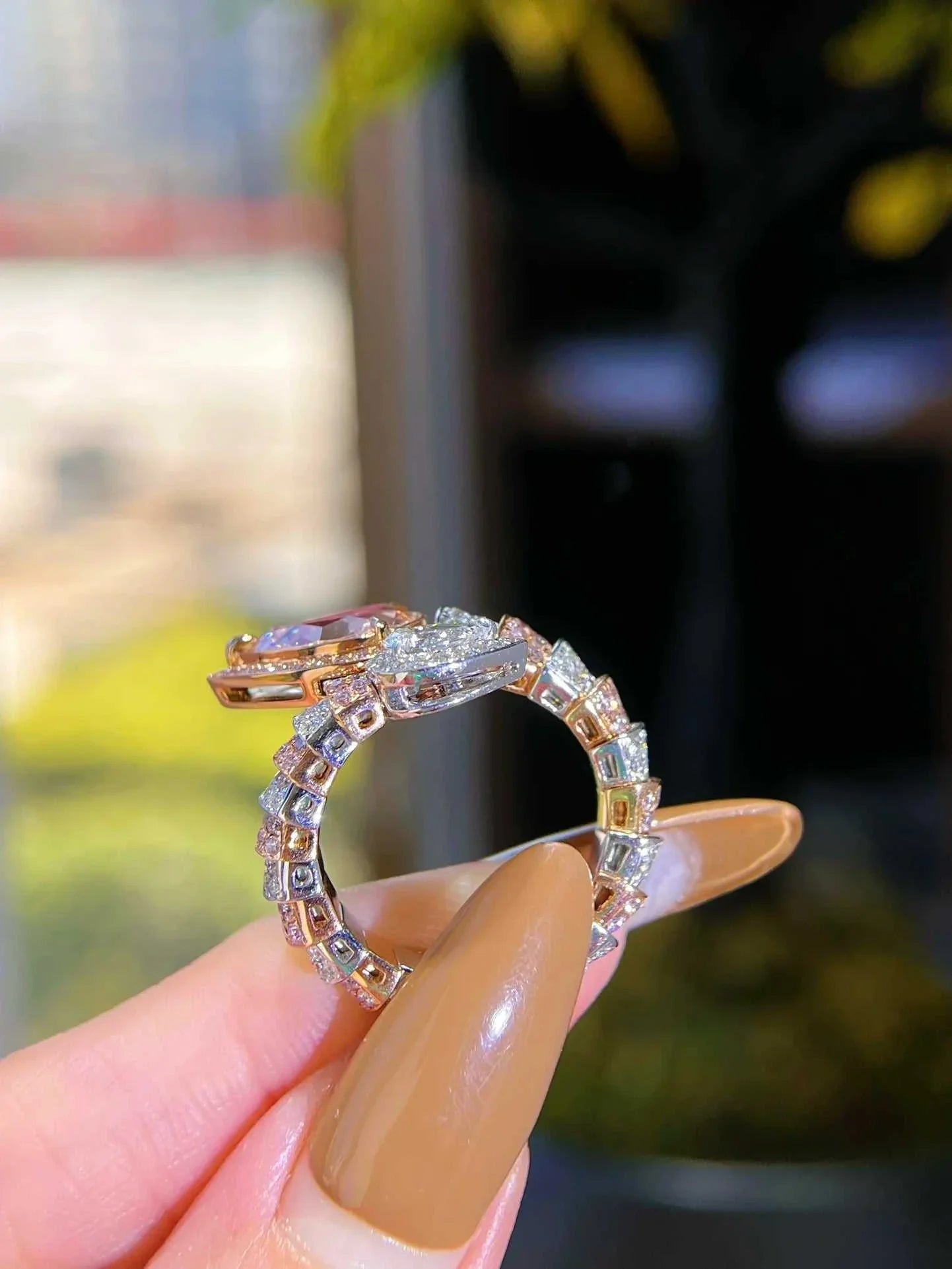 The Emberheart Covenant 2.03CT GIA Fancy Brown Pink Diamond Ring in 18K gold with intricate detailing and warm sunset hues