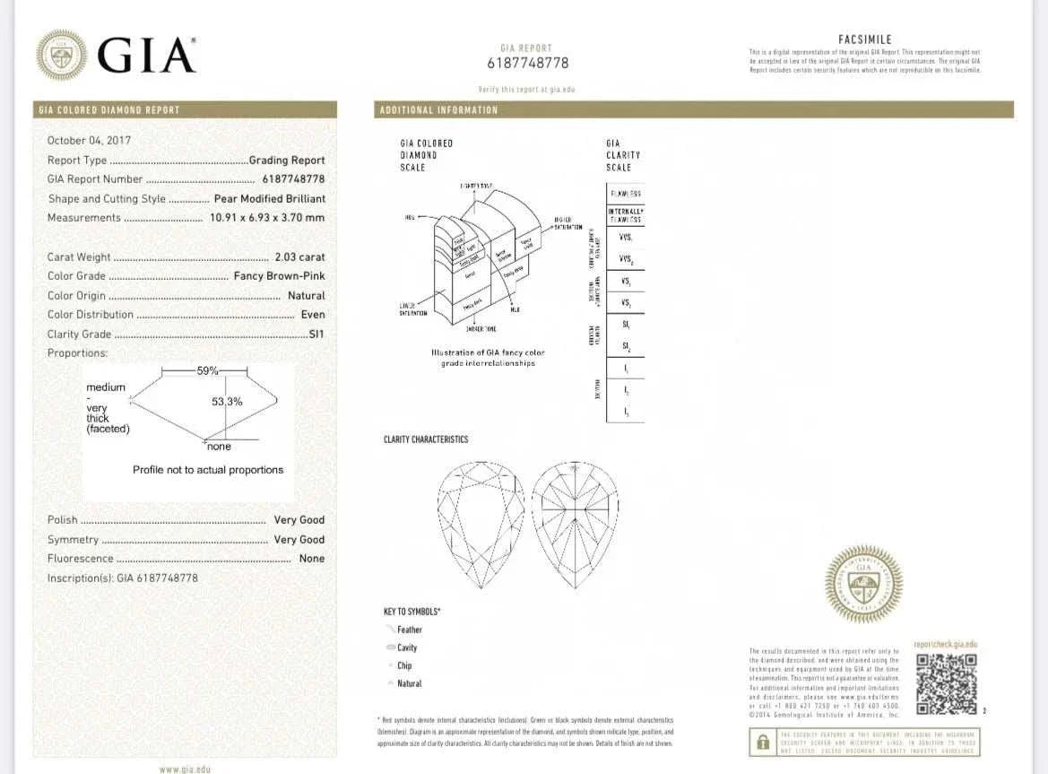 GIA certificate for The Emberheart Covenant 2.03CT fancy brown pink pear-shaped diamond ring with very good polish and symmetry