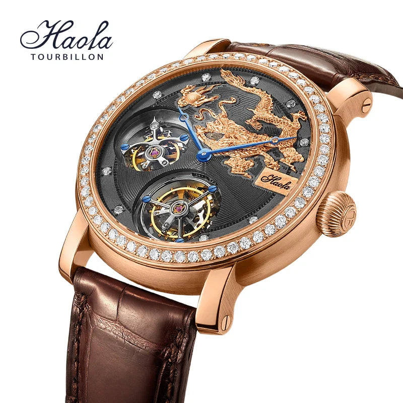 HAOFA 18K gold double-tourbillon skeleton watch with diamond-rose sapphire and brown leather strap