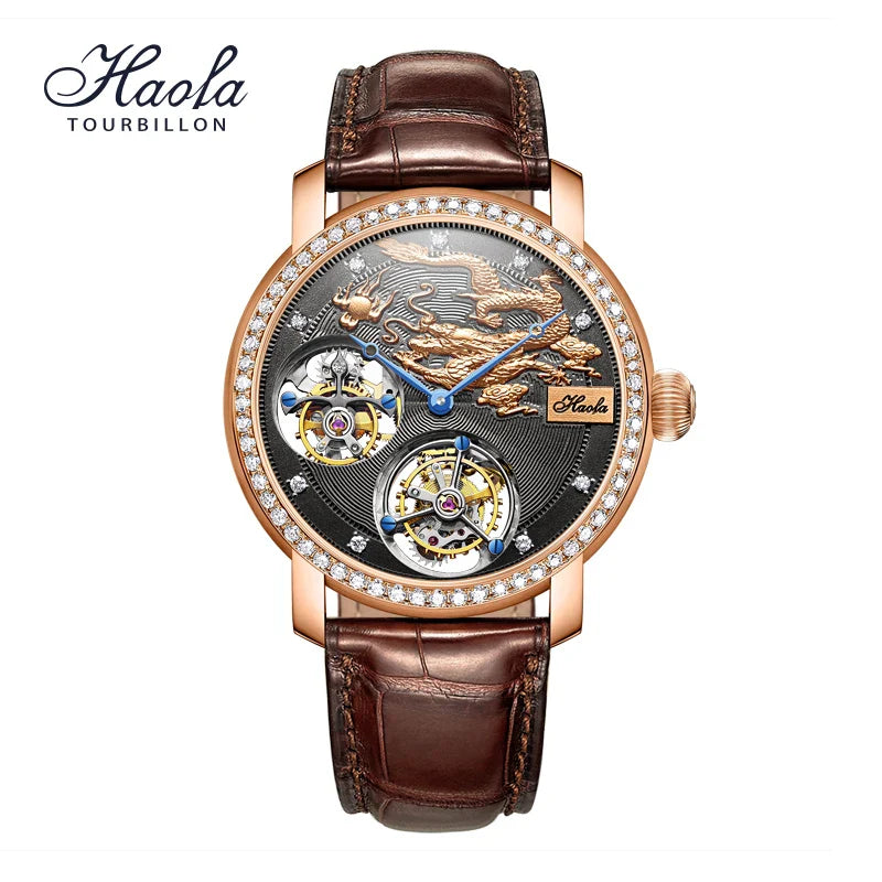 HAOFA 18K gold double-tourbillon skeleton watch with diamond-set bezel and dragon motif on black dial, brown leather strap