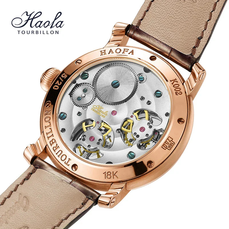 Back view of HAOFA 18K gold double-tourbillon skeleton watch with visible intricate mechanical movement and leather strap.