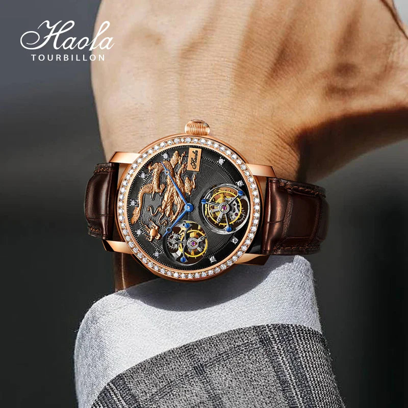HAOFA 18K gold double-tourbillon skeleton watch with diamond-rose sapphire and brown leather strap on wrist