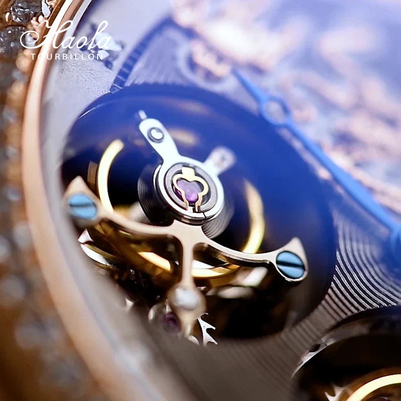 Close-up of HAOFA 18K gold double-tourbillon skeleton watch mechanism with diamond-rose sapphire detailing