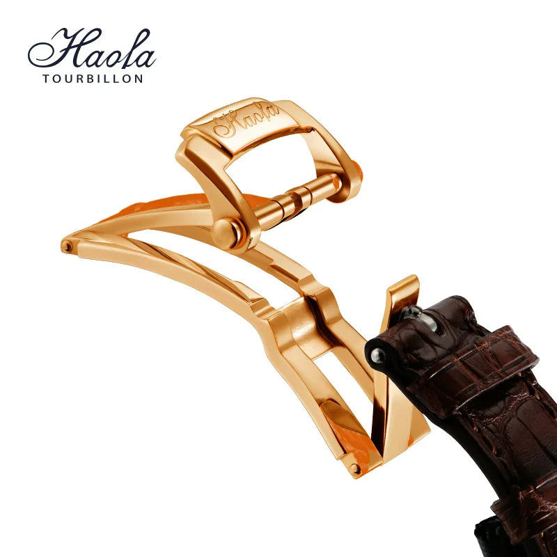 Close-up of gold push-back clasp and brown leather strap on HAOFA 18K gold double-tourbillon skeleton watch strap