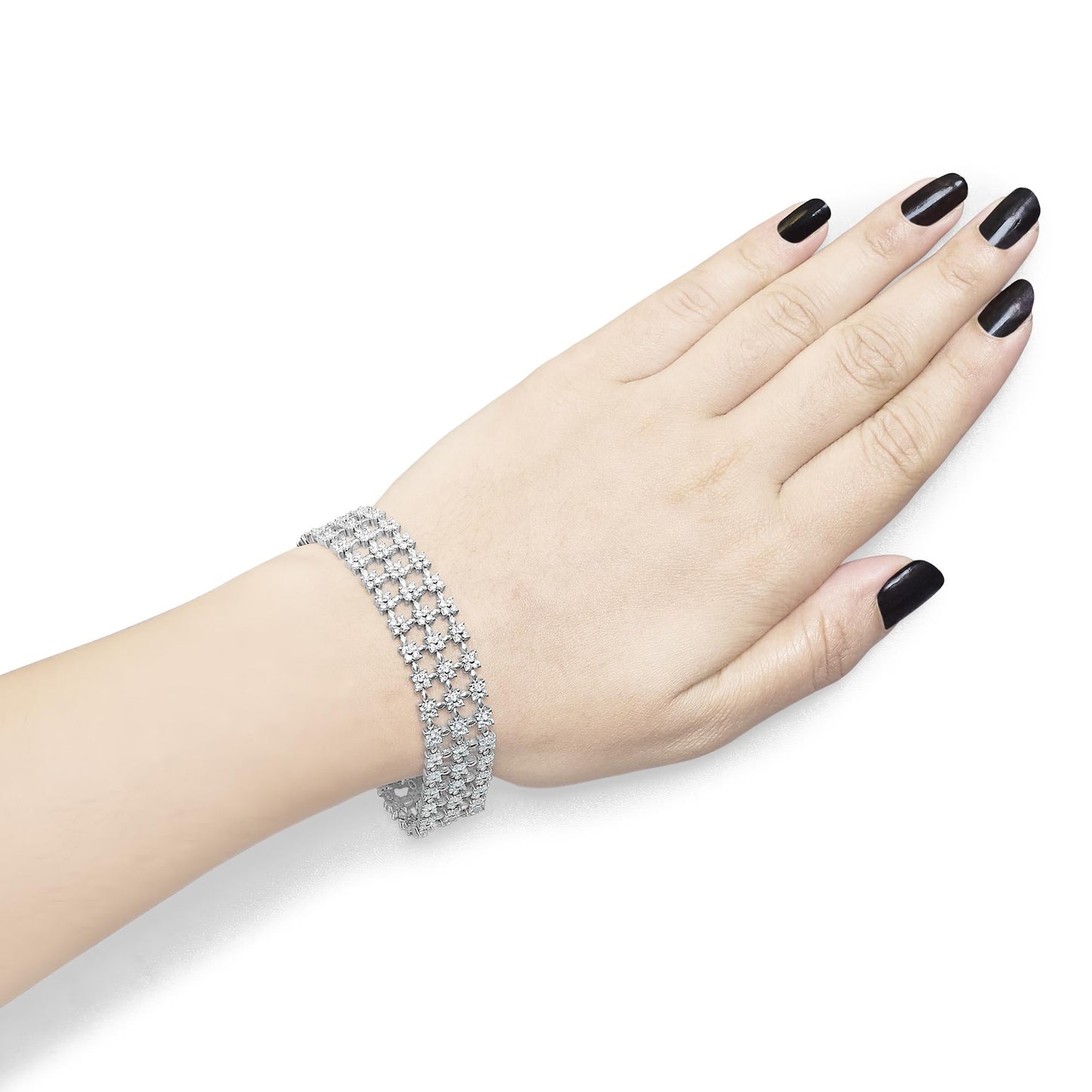 18K White Gold 7 1/2 Cttw Diamond 3 Row Floral Link Bracelet (G-H Color, VS1-VS2 Clarity) - 7 " Inches-3