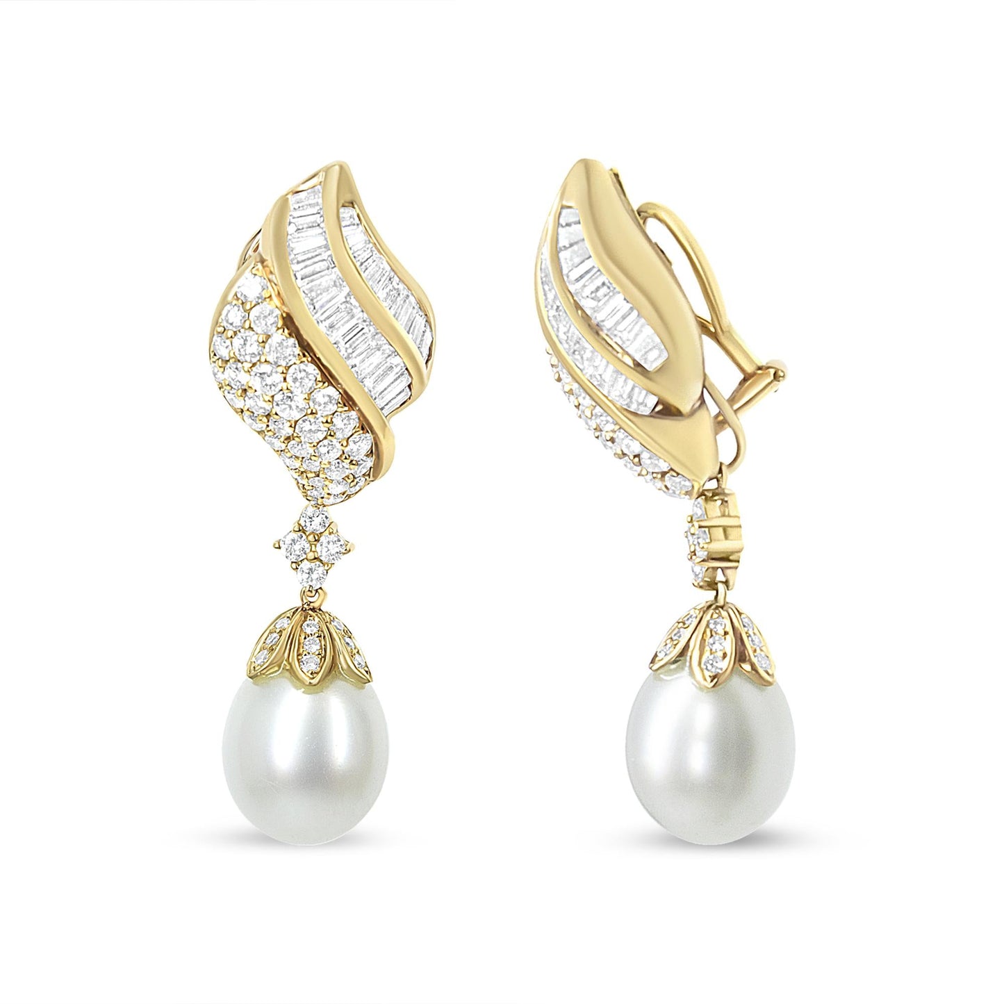 18k Yellow Gold 7.0 Cttw Baguette and Round Diamond South Sea Pearl Drop Dangle Clip-On Earrings (F-G Color, VS1-VS2 Clarity)-2