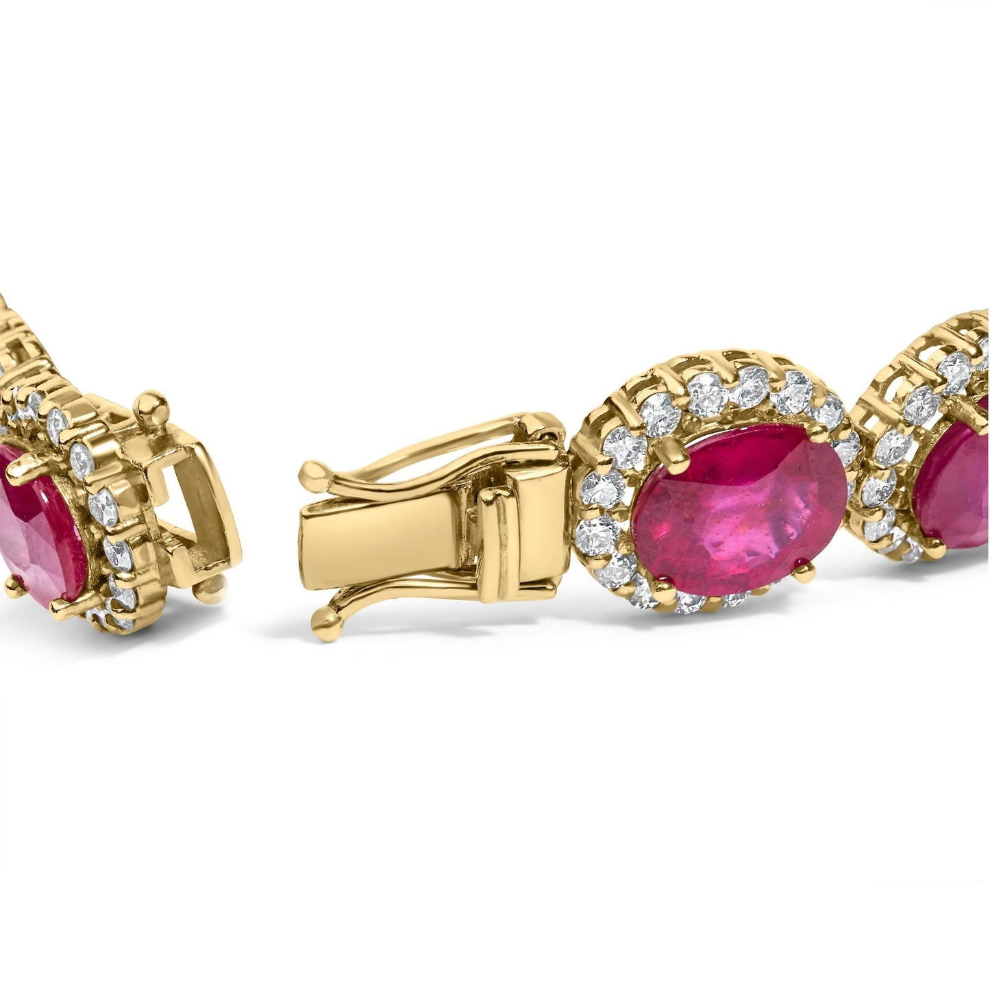 14K Yellow Gold 6 2/5 Cttw Diamond and 34.0 Cttw Oval Red Ruby Halo Link Bracelet (I-J Color, SI1-SI2 Clarity) - 7.25" I - The Sparkling Squirrels