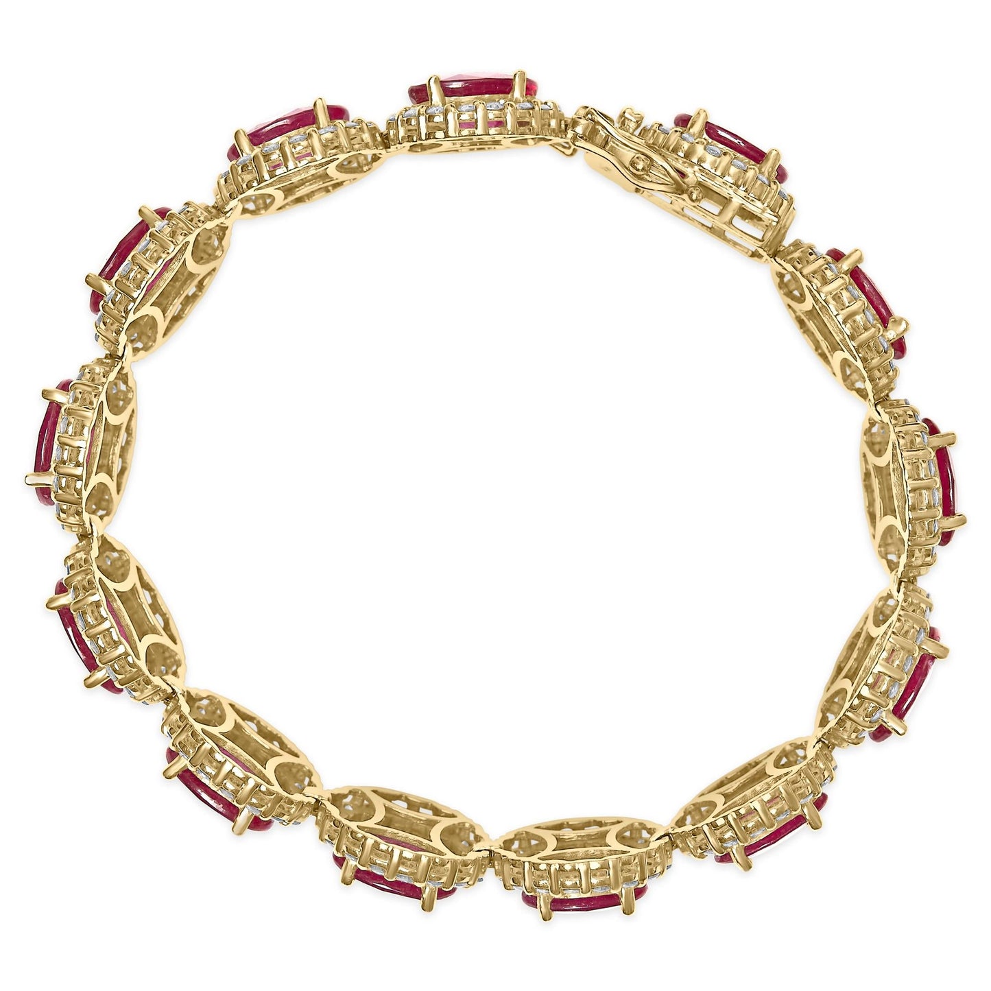 14K Yellow Gold 6 2/5 Cttw Diamond and 34.0 Cttw Oval Red Ruby Halo Link Bracelet (I-J Color, SI1-SI2 Clarity) - 7.25" I - The Sparkling Squirrels