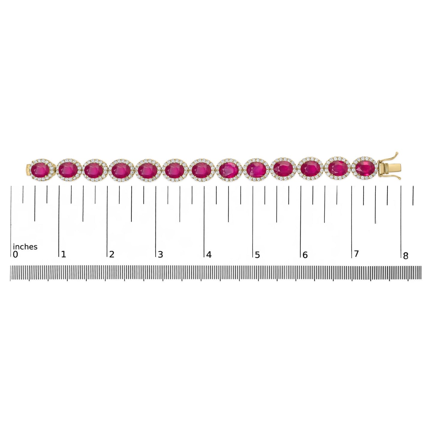 14K Yellow Gold 6 2/5 Cttw Diamond and 34.0 Cttw Oval Red Ruby Halo Link Bracelet (I-J Color, SI1-SI2 Clarity) - 7.25" I - The Sparkling Squirrels