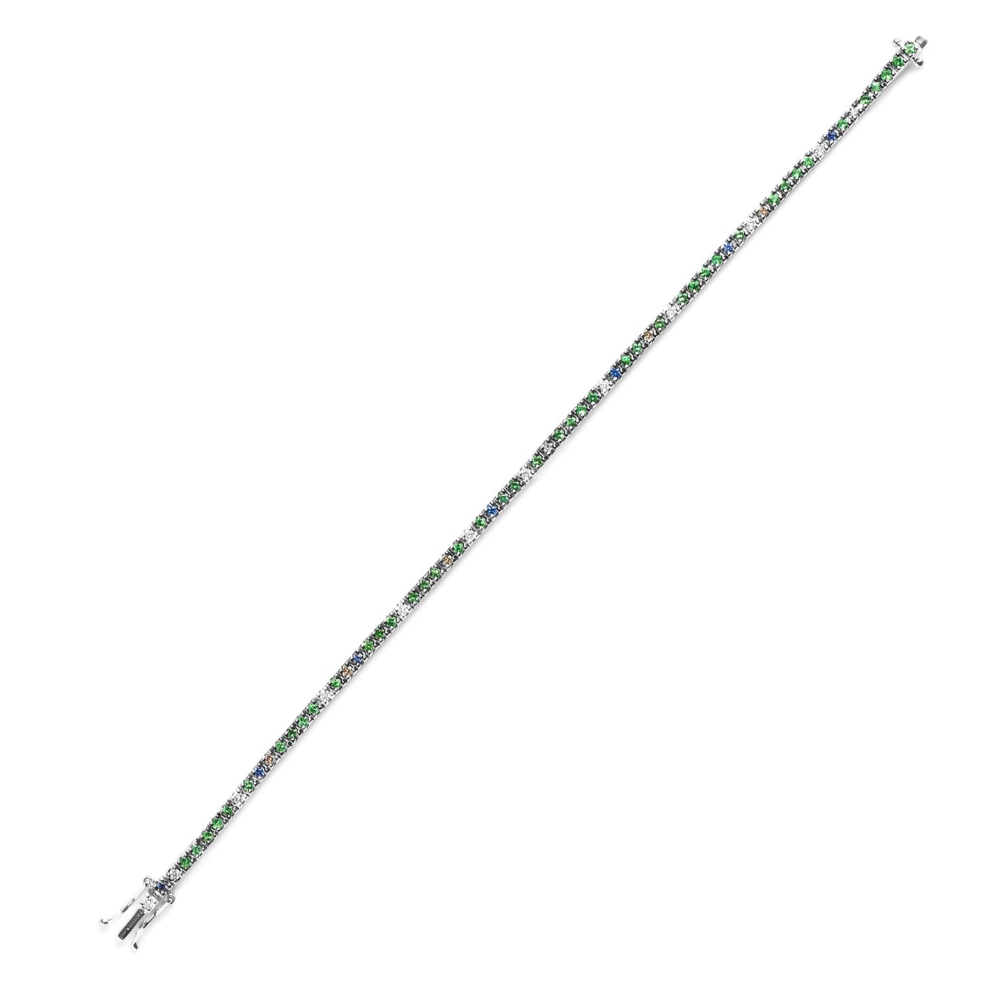 18K white gold tennis bracelet with blue sapphires, green tsavorite gemstones, and 3/8 cttw diamonds