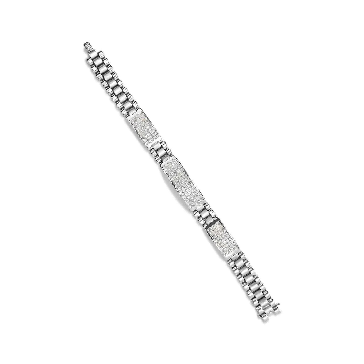 14K white gold men's princess diamond tennis bracelet with 185 princess cut diamonds, G-H color, VS1-VS2 clarity, 8.5-inch size