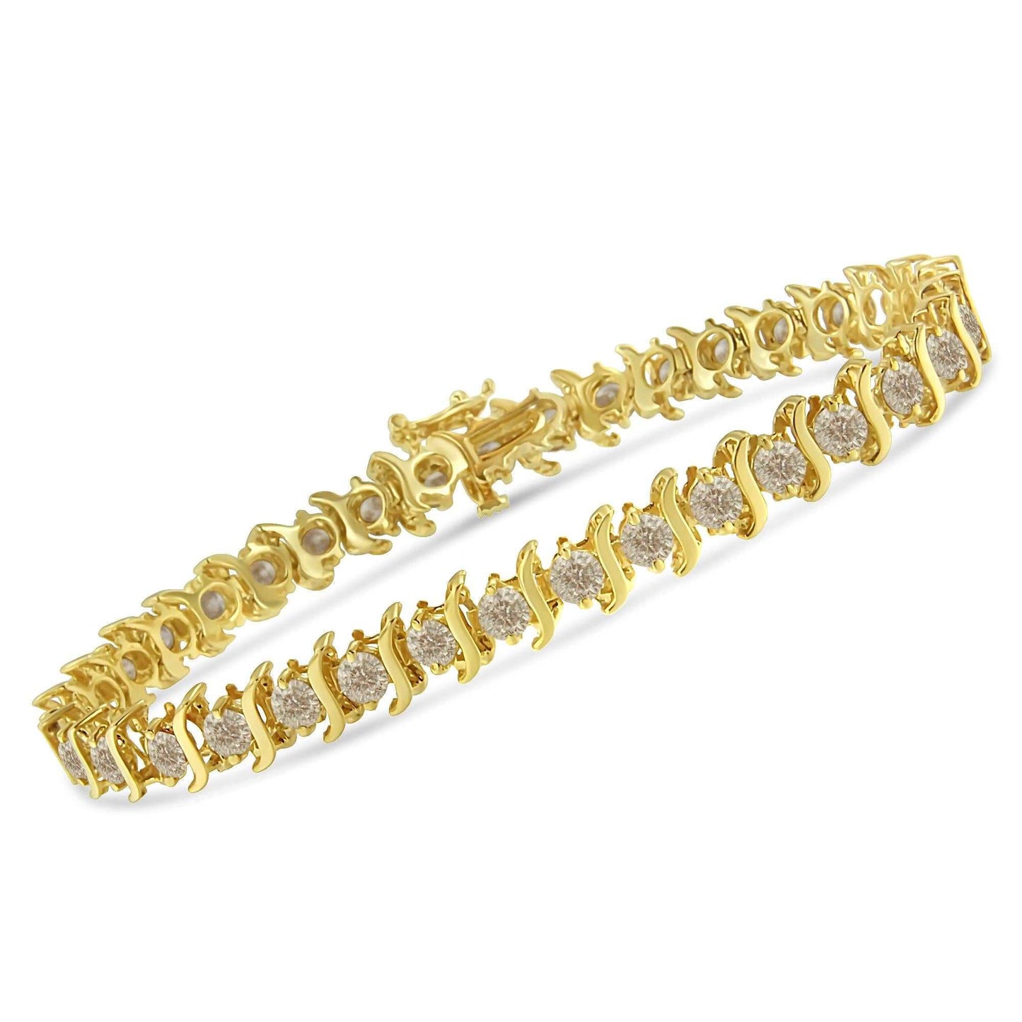 10K yellow gold coated sterling silver bracelet with prong set round brilliant cut diamonds in S link design