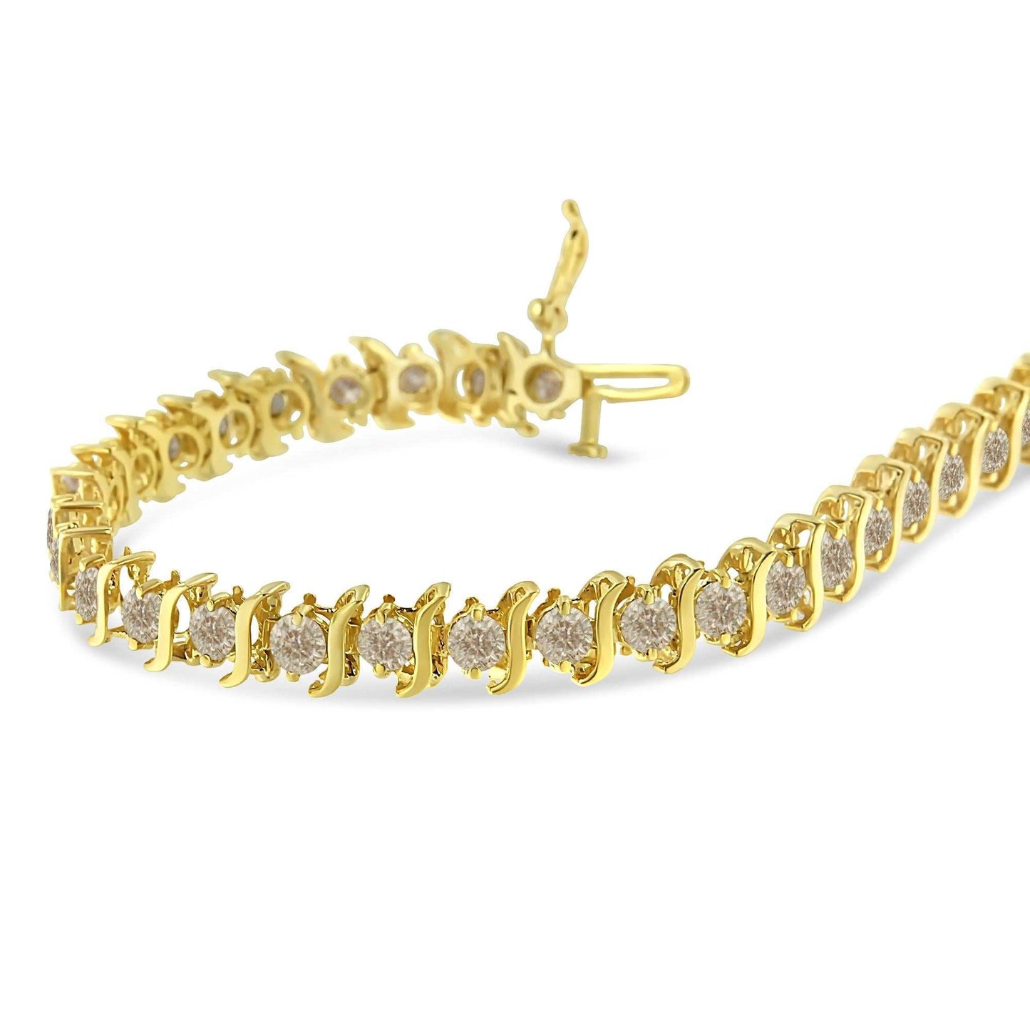 10K yellow gold coated sterling silver bracelet with prong set round brilliant cut diamonds in S-shaped links