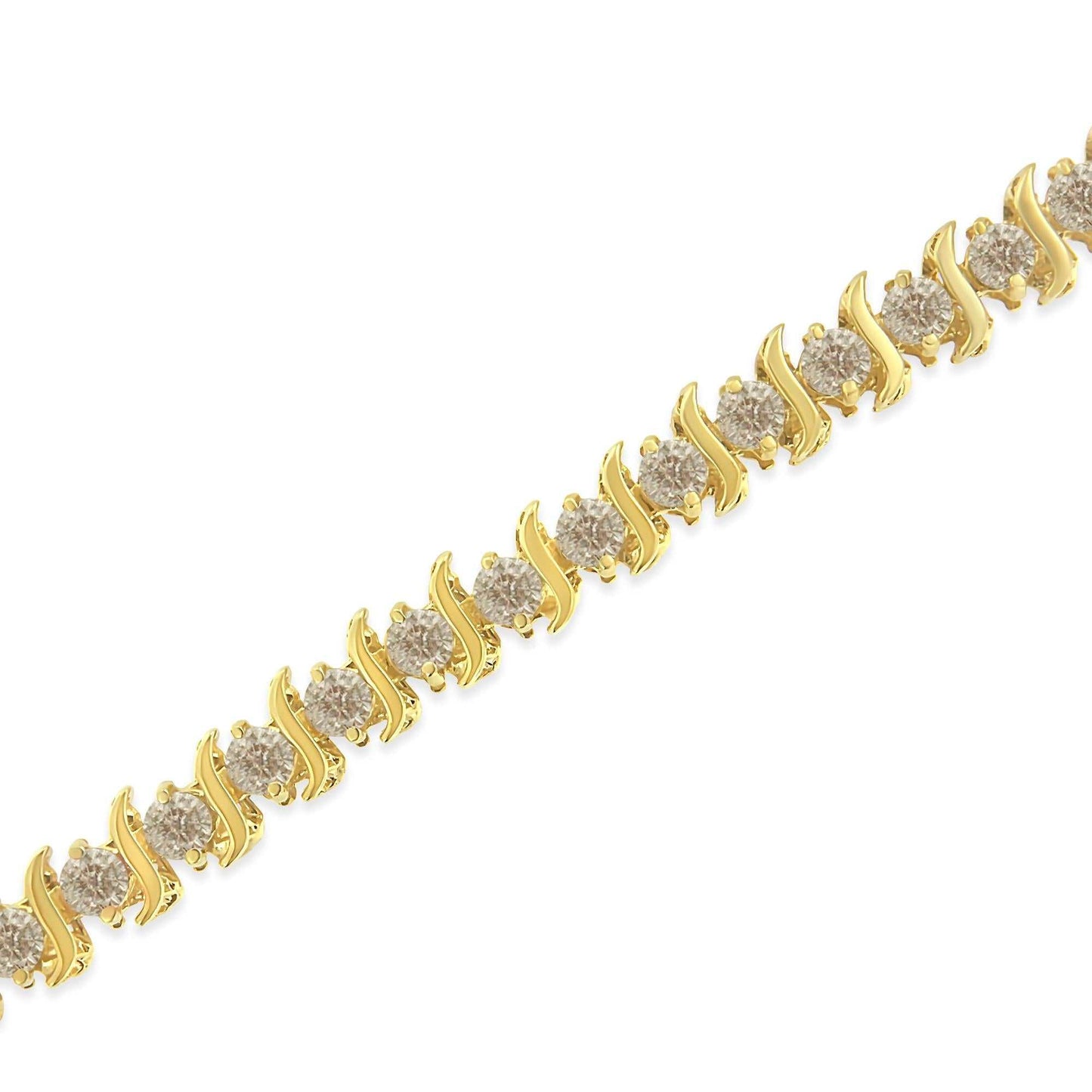 10K yellow gold coated sterling silver prong set round brilliant cut diamond S-link bracelet with 7 carats total weight and secure clasp