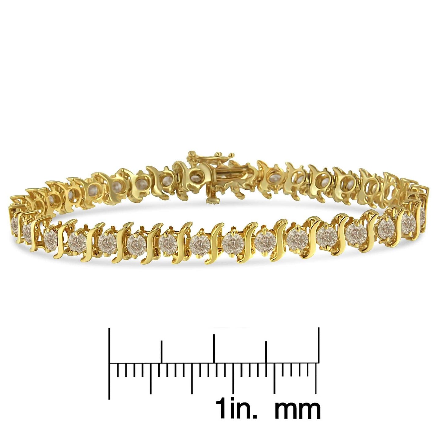 Prong set round brilliant cut diamond S-link bracelet in 10K yellow gold coated sterling silver with 7 carat diamonds and secure clasp.