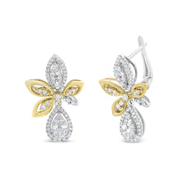 14K white and yellow gold diamond teardrop and marquise shape dangle earrings with pave-set round diamonds