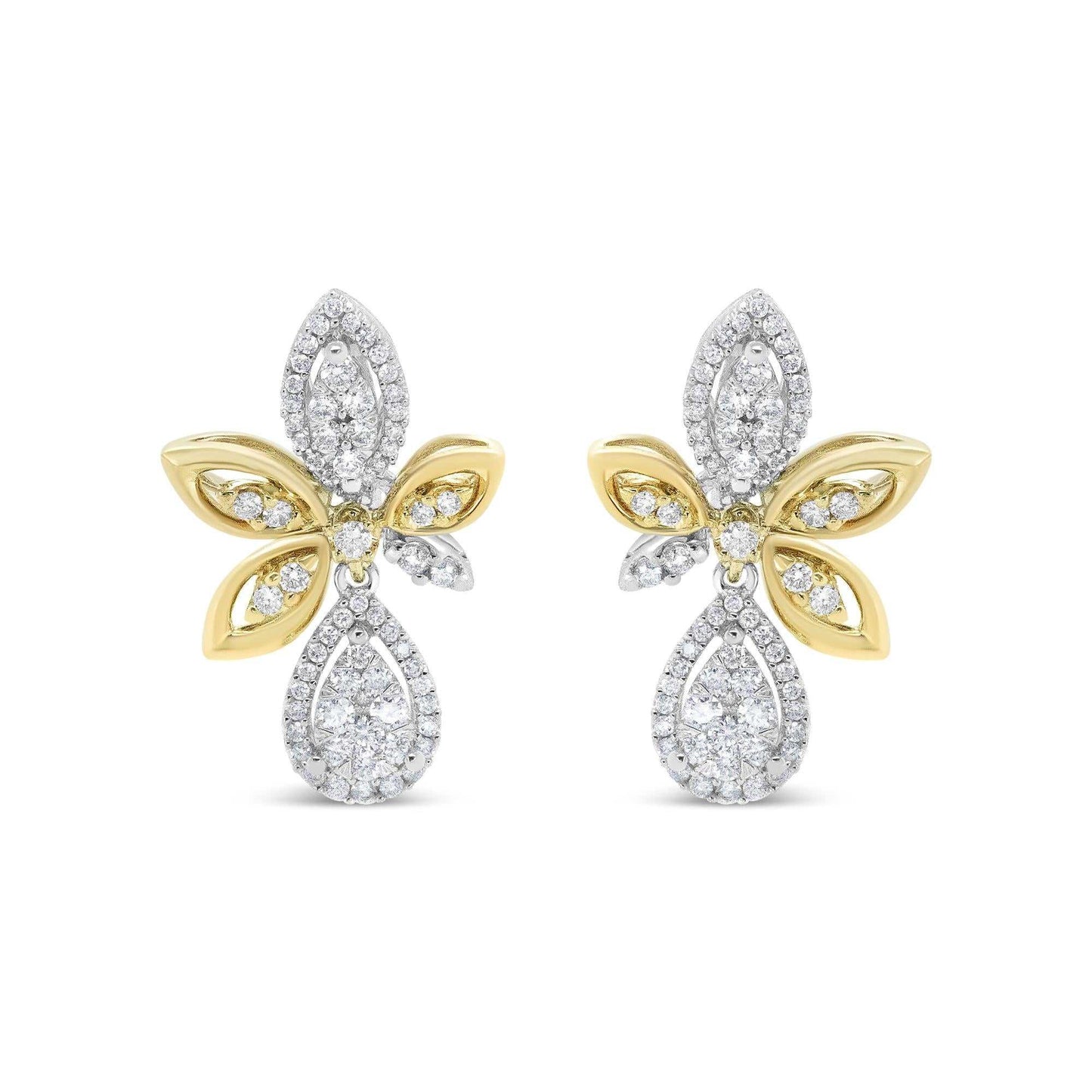 14K white and yellow gold drop dangle earrings with round pave-set diamonds in teardrop and marquise shapes