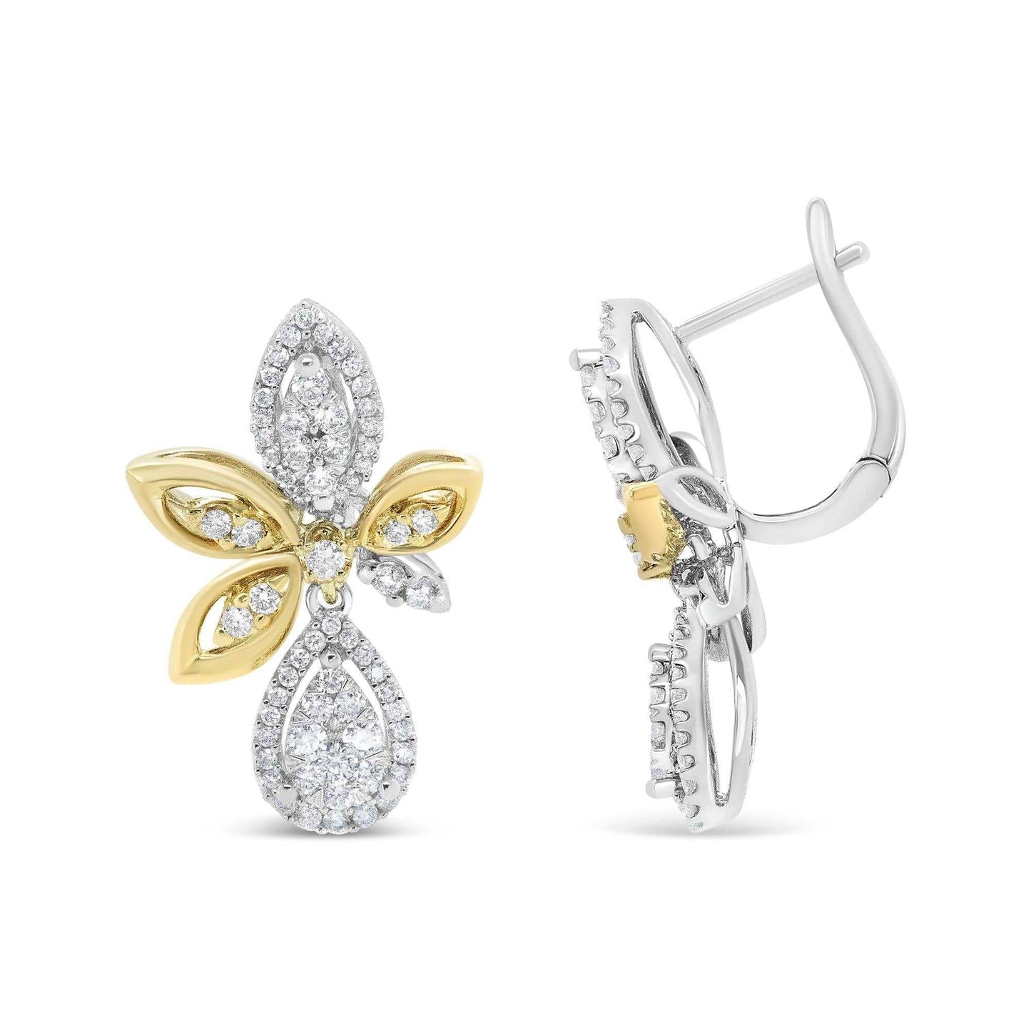 14K white and yellow gold drop dangle earrings with round pave-set diamonds in teardrop and marquise shapes