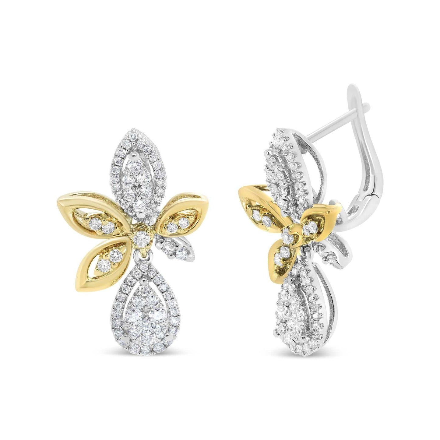 14K white and yellow gold diamond drop dangle earrings with teardrop and marquise shapes and pave-set round diamonds
