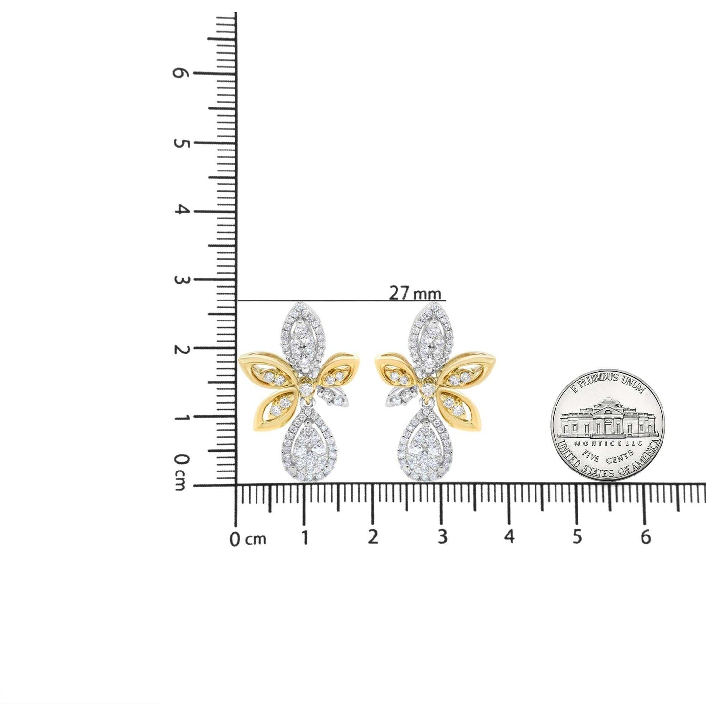 14K white and yellow gold drop dangle earrings with round pave-set diamonds in teardrop and marquise shapes, measuring 27mm in length
