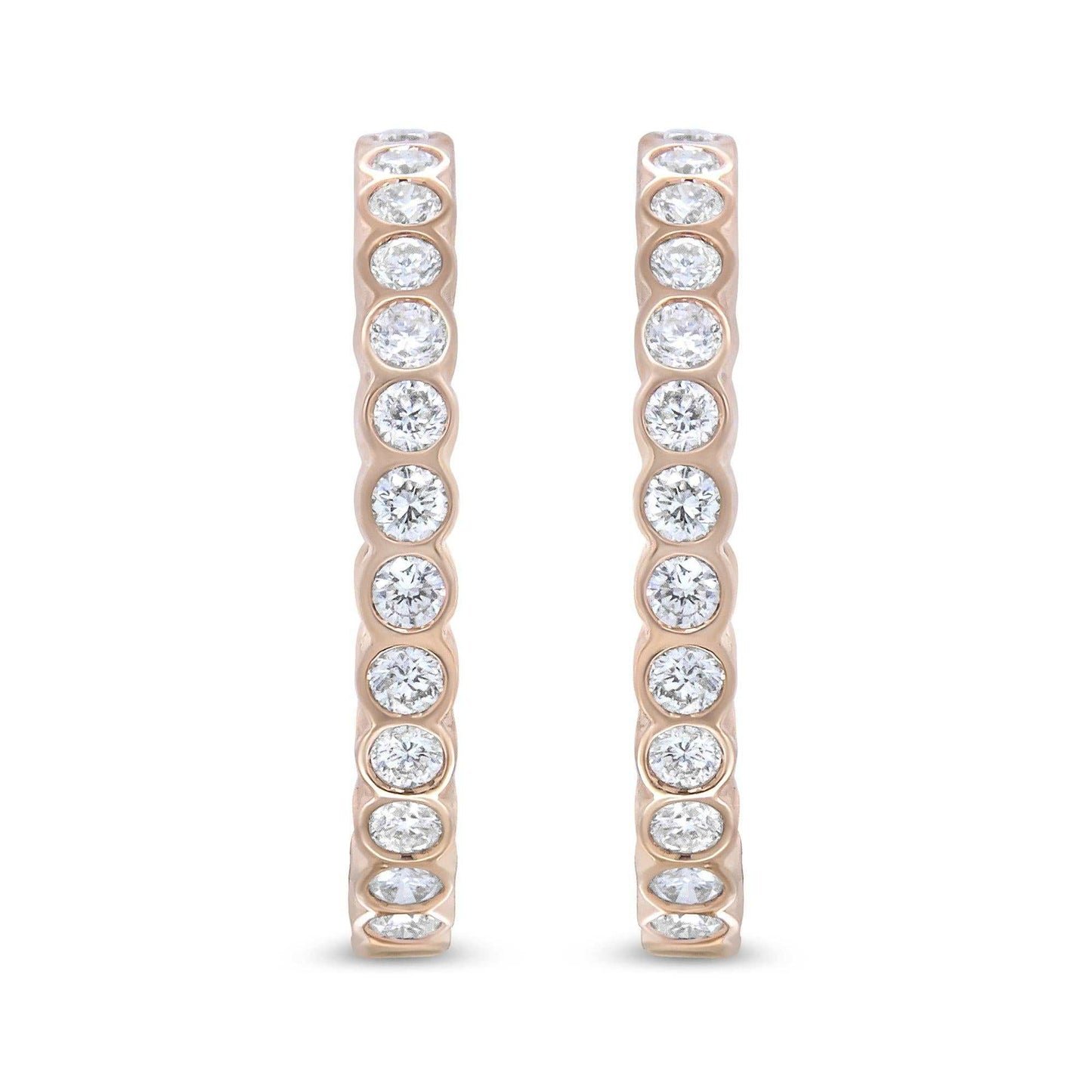 18K rose gold hoop earrings with bezel-set round diamonds totaling 1 carat, 25mm diameter