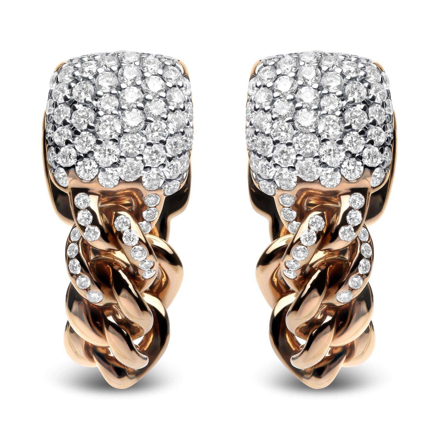 18K rose gold Cuban chain huggie earrings with 3/4 cttw round diamond pave, G-H color, SI1-SI2 clarity