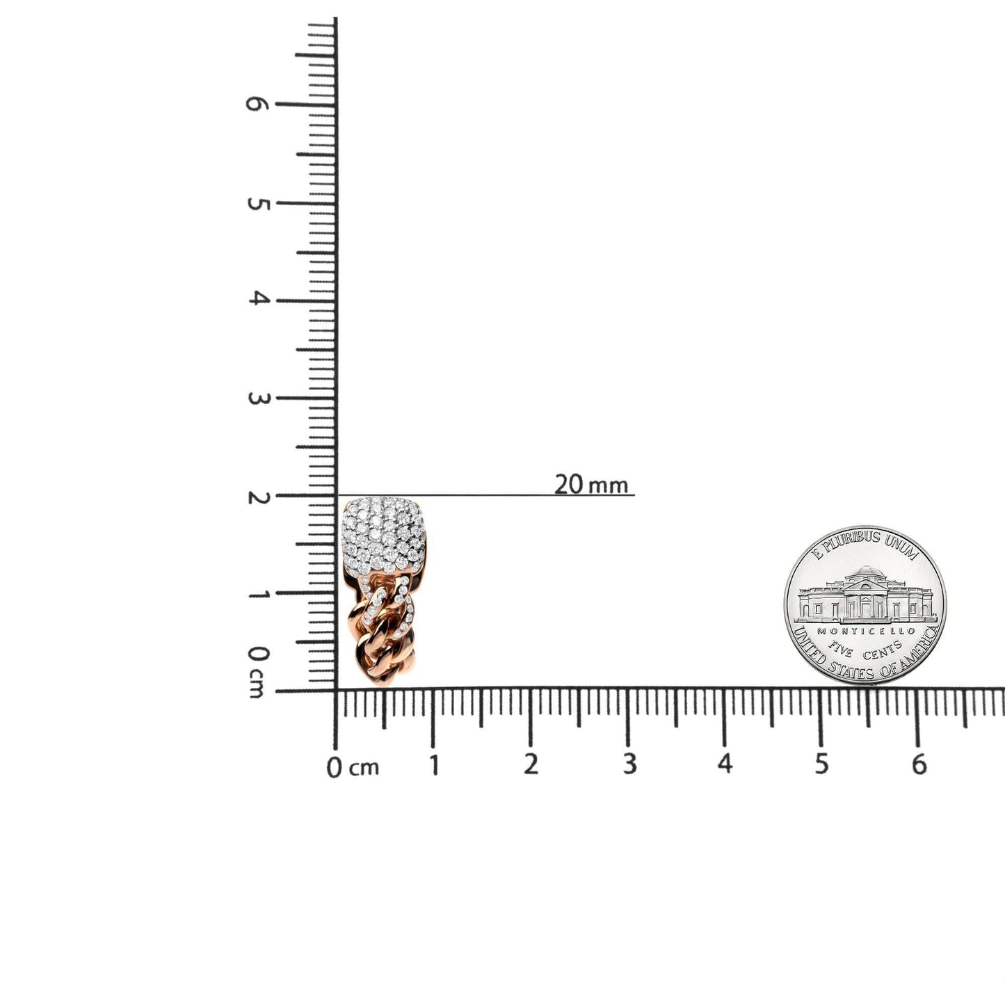 18K rose gold Cuban chain huggie earring with 3/4 cttw round diamond pave and ruler for size comparison
