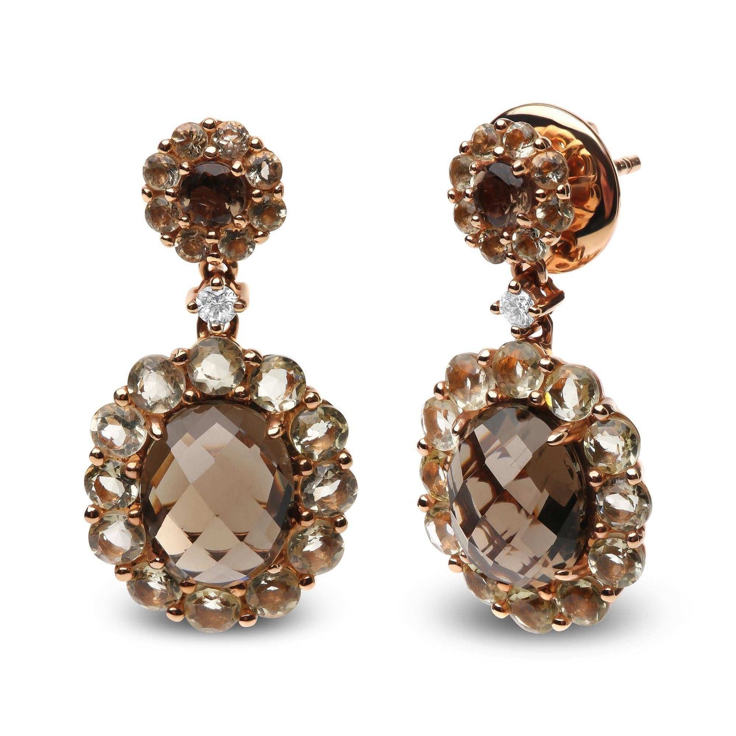 18K rose gold drop earrings with smoky quartz, lemon quartz, and diamond accents