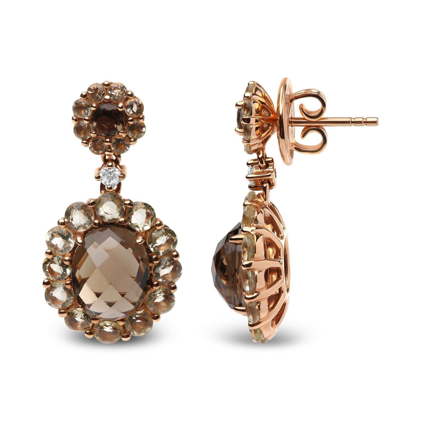 18K rose gold drop earrings with smoky quartz, lemon quartz, and diamond accents