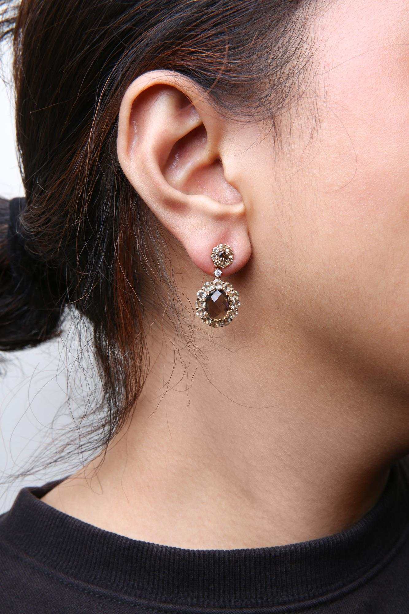 18K rose gold drop earrings with smoky quartz, lemon quartz, and diamond accents worn on ear