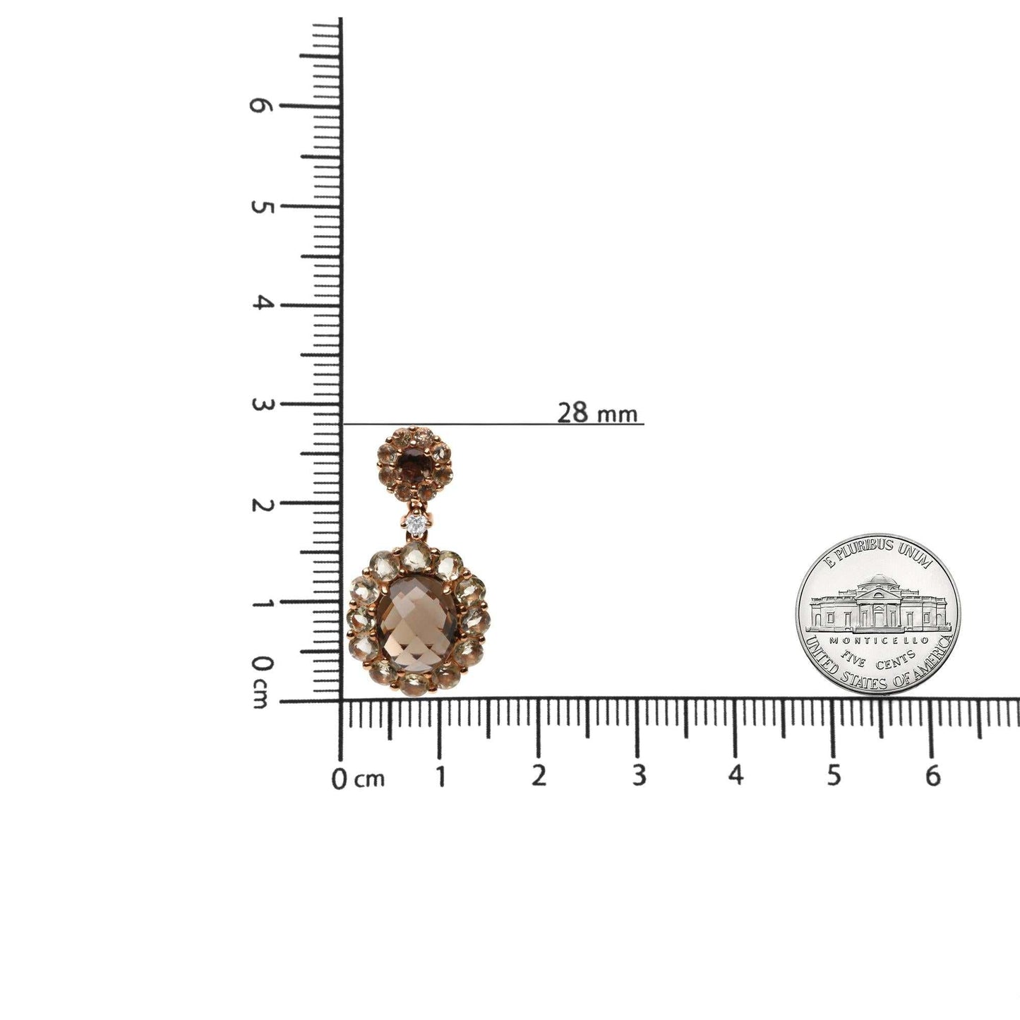 18K rose gold drop earring with smoky quartz, lemon quartz, and diamond accents on measurement grid next to a quarter coin