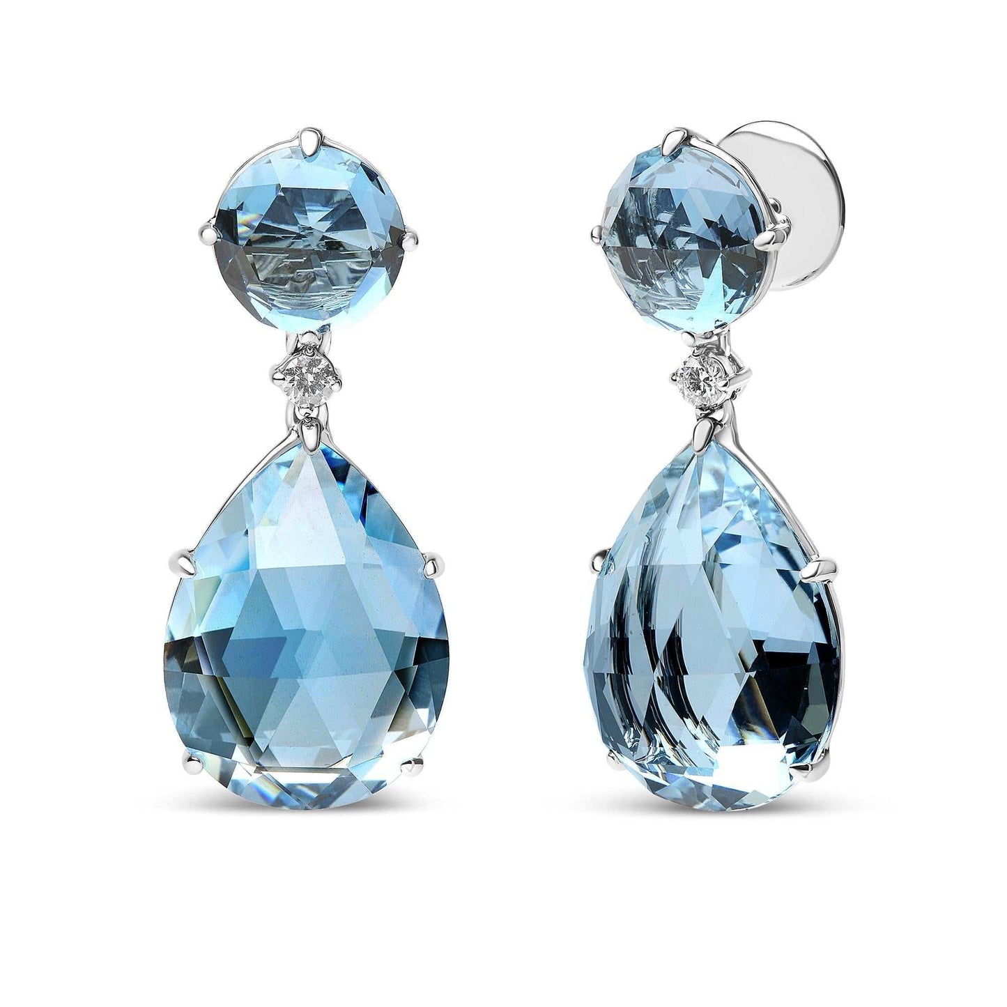 18K white gold dangle earrings with round London Blue Topaz, 1/5 cttw diamonds, and pear-cut Sky Blue Topaz gemstones