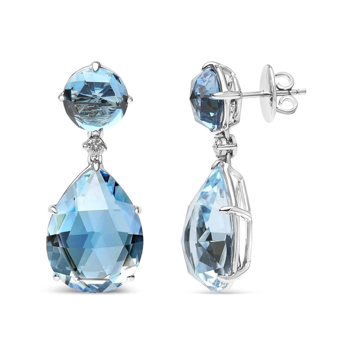 18K white gold dangle earrings with round London Blue Topaz, 1/5 cttw diamonds, and pear cut 20x15mm Sky Blue Topaz gemstones