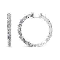 18K white gold pave set diamond semi eternity leverback hoop earrings with 2 1/3 carat total weight and F-G color VS1-VS2 clarity diamonds
