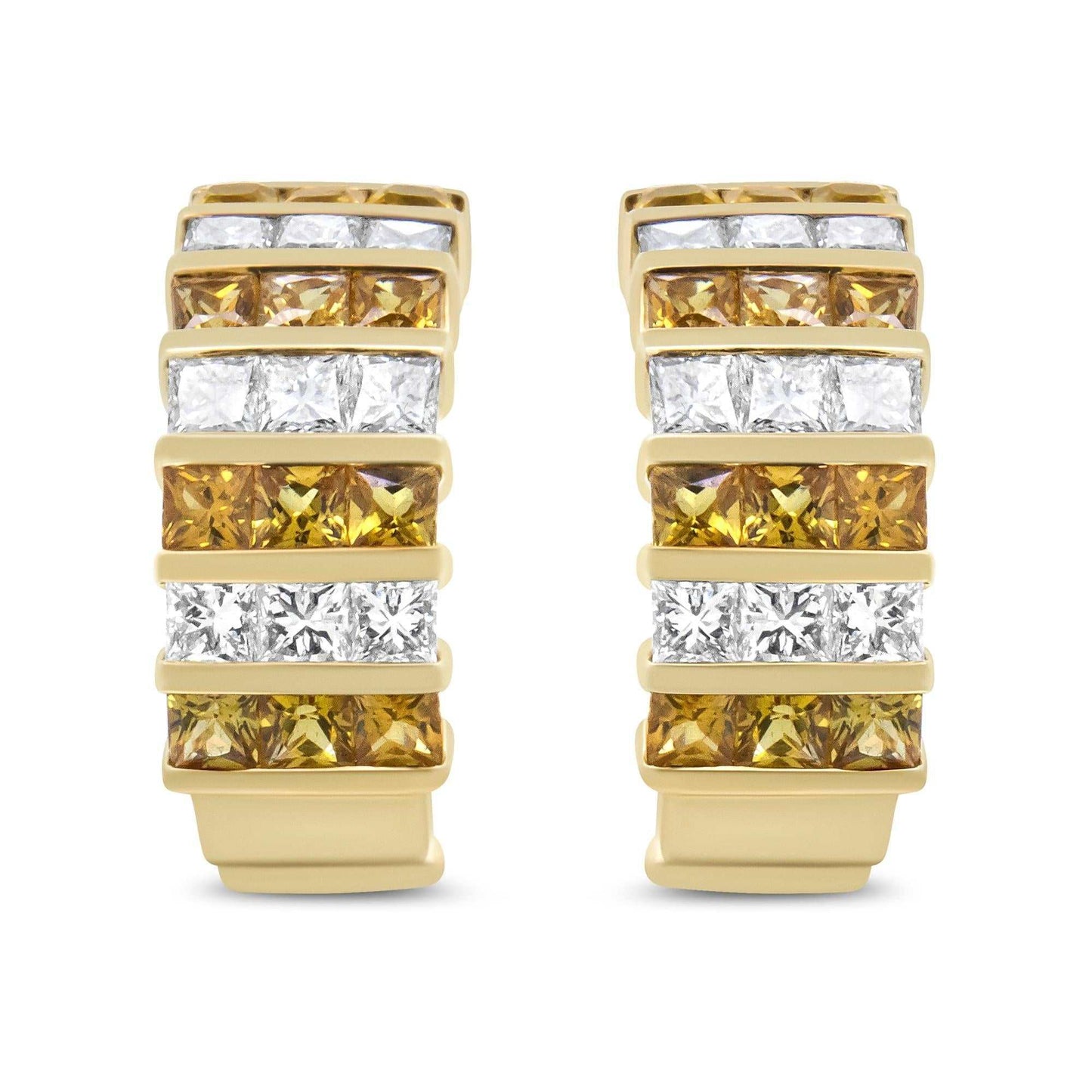 18K Yellow Gold 1 3/4 Cttw Invisible Set Princess Cut Diamond and 2.5mm Yellow Sapphire Huggie Hoop Earrings (F-G Color, - The Sparkling Squirrels & Co.