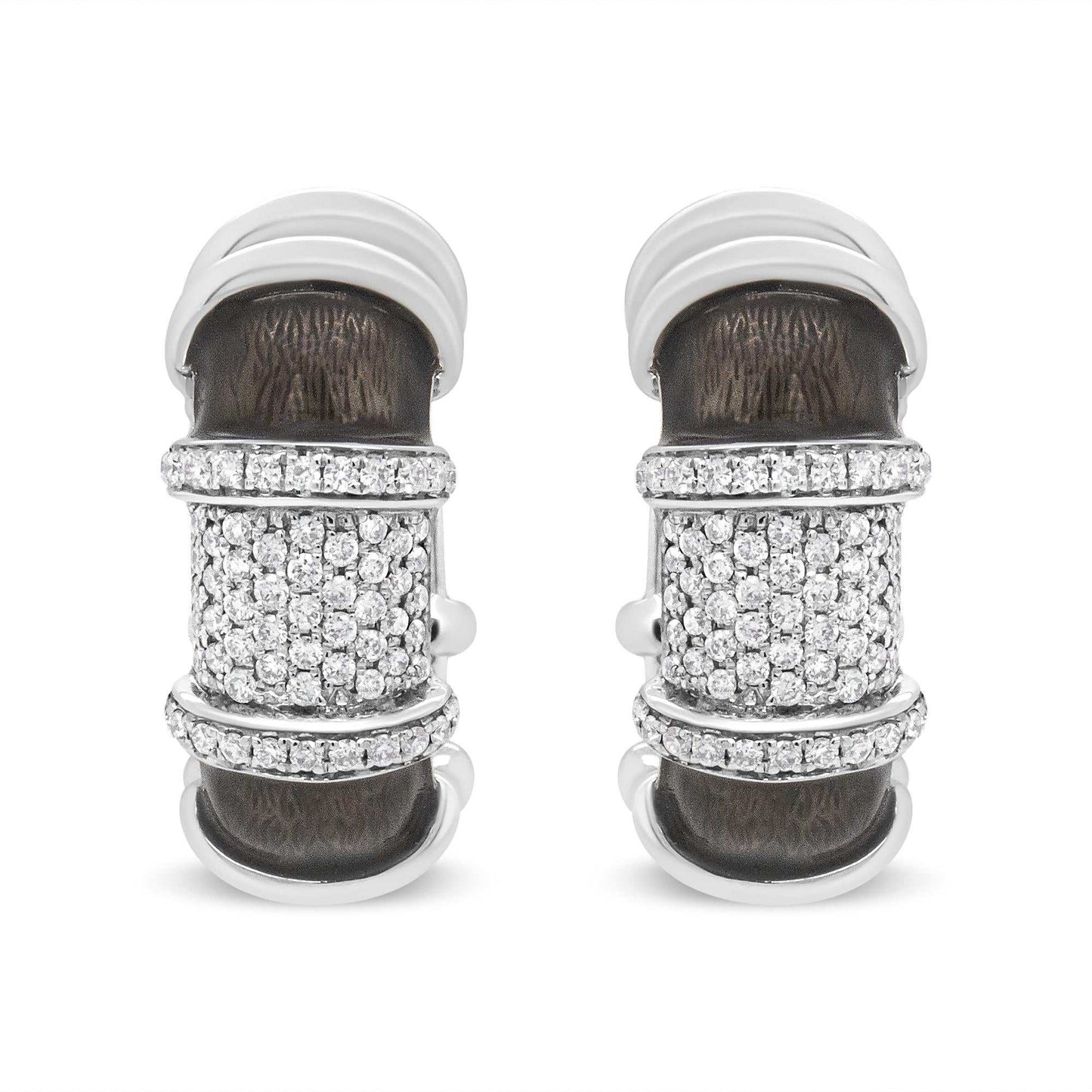 Clear graphite grey enamel huggie hoop earrings with 5/8 cttw round diamonds in white gold plated sterling silver