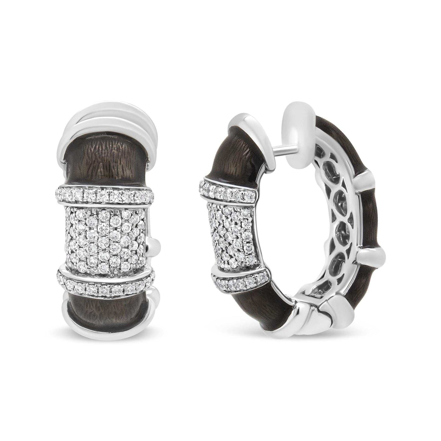 Clear graphite grey enamel huggie hoop earrings with 5/8 cttw round diamonds in sterling silver and white gold plating