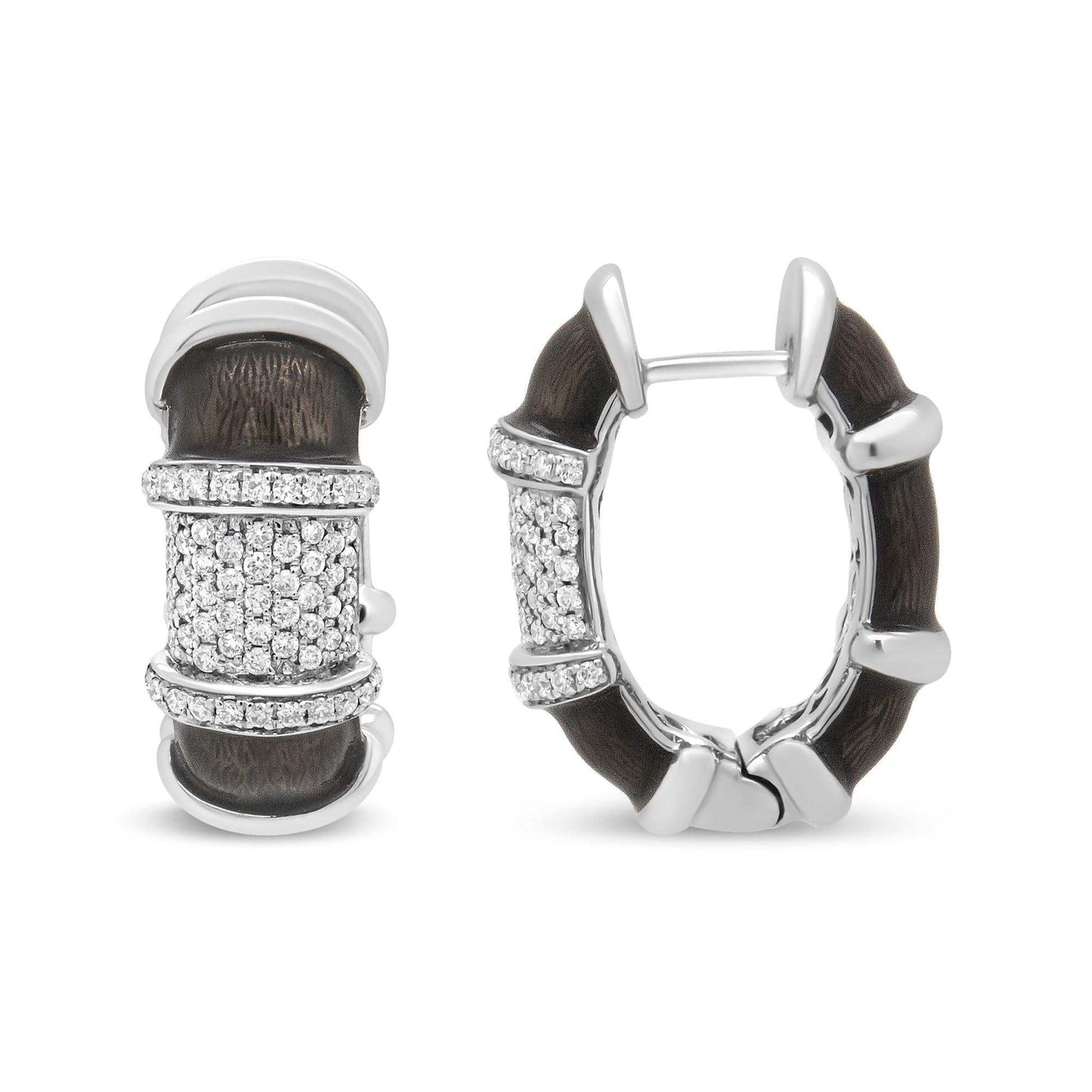 Clear graphite grey enamel huggie hoop earrings with 5/8 cttw round diamonds in 18k white gold plated sterling silver